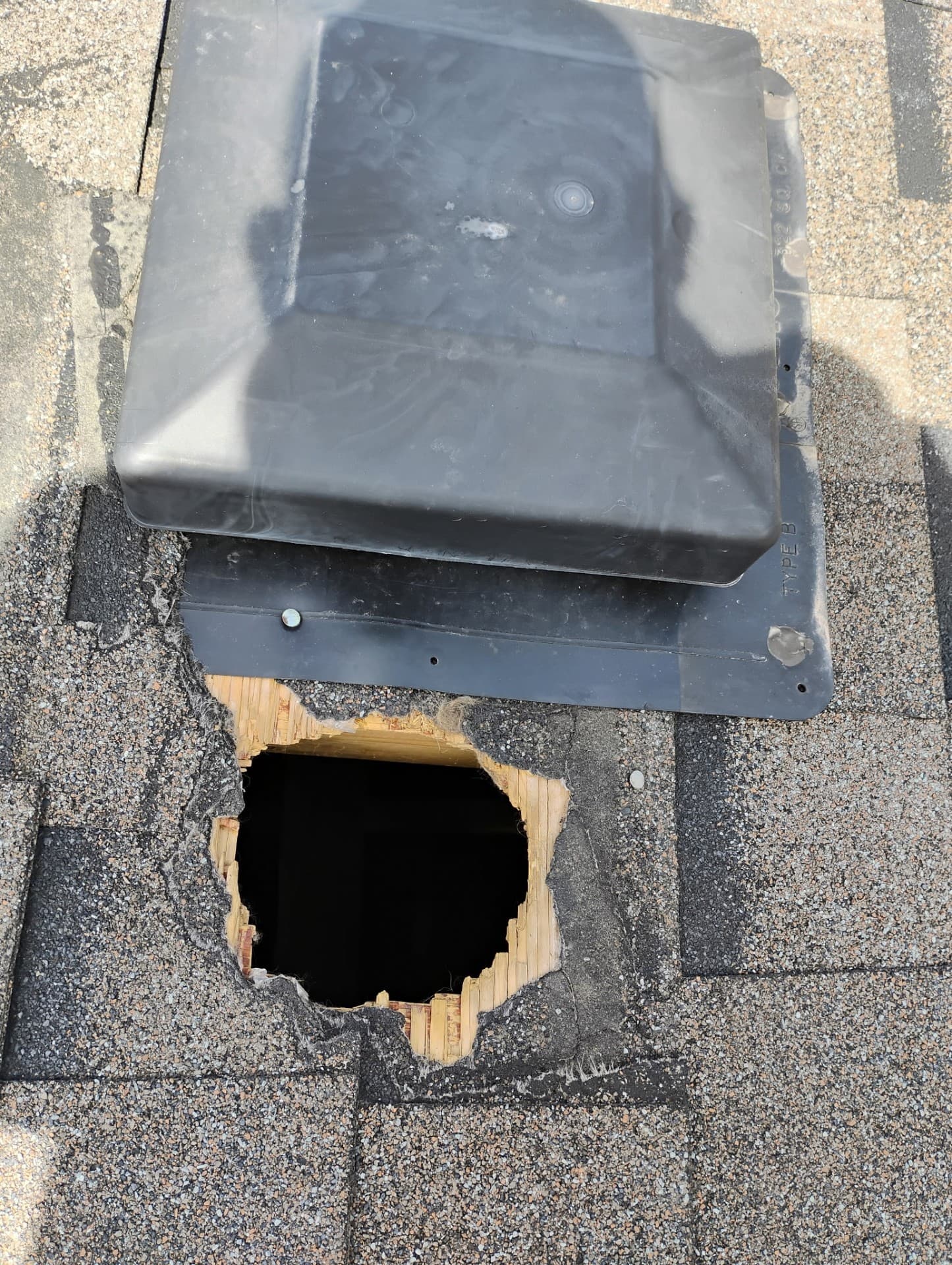 Raccoon entry hole damage in roof soffit before professional removal